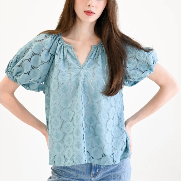 Never a Wallflower Gathered V-Neck Top Beryl Blue Eyelet Size XS - Picture 2 of 12
